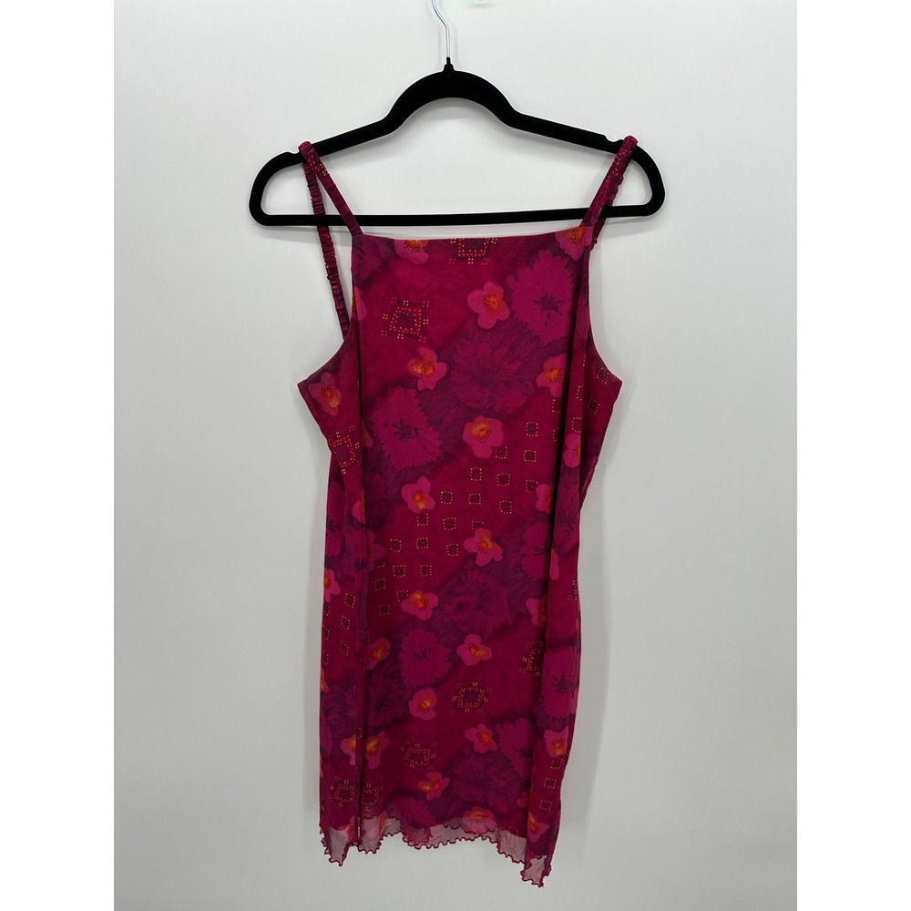 Vtg Y2K‎ Pink Floral Mesh Mini Dress Slip Lettuce Hem Fairycore Coquette Mcbling